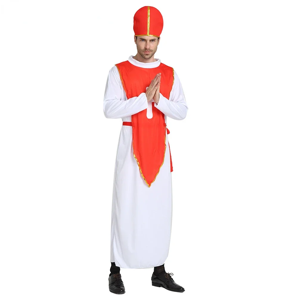 Traje de Halloween para homens adultos, robe pai, cosplay monge, roupa de festa, roupa branca, vermelho