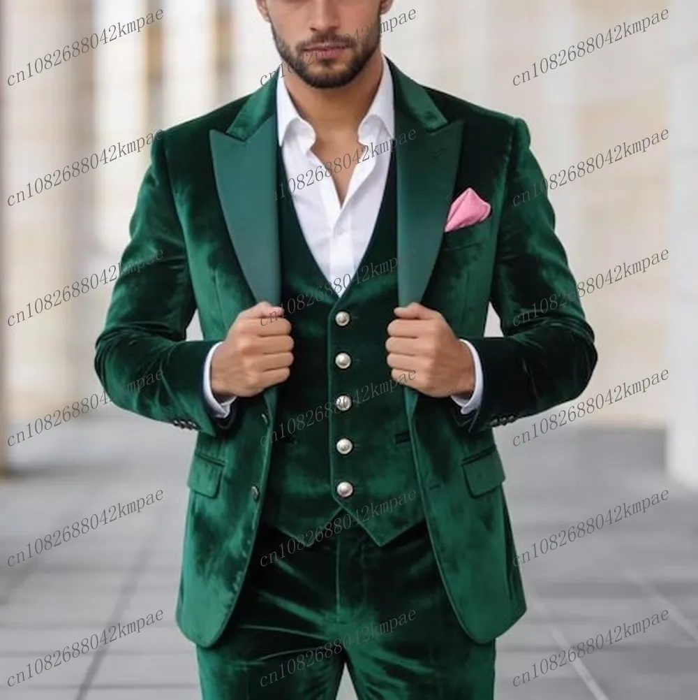 

Новый зеленый бархатный мужской костюм, деловой костюм для жениха, жениха, свадебной вечеринки, выпускного вечера, мужские смокинги, комплект из 3 предметов, пиджак, жилет, брюки