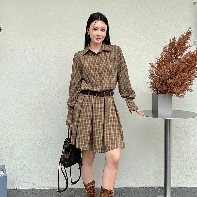 Abito camicia vintage casual coreano primavera autunno Abito corto scozzese a maniche lunghe con colletto da donna Abbigliamento progettato da strada