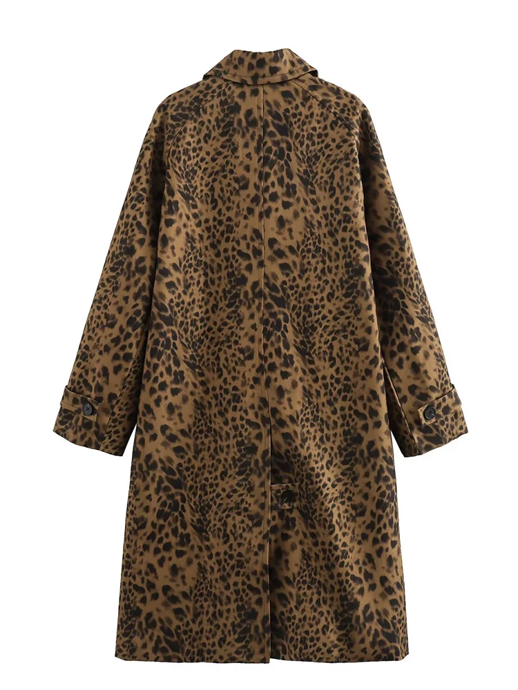 TRAFZARA-2024 Summer New Women\'s Long Sleeve Lapel Leopard Print Windbreaker Chic Commuter Mid-Length Coat Fashion Printed Coat