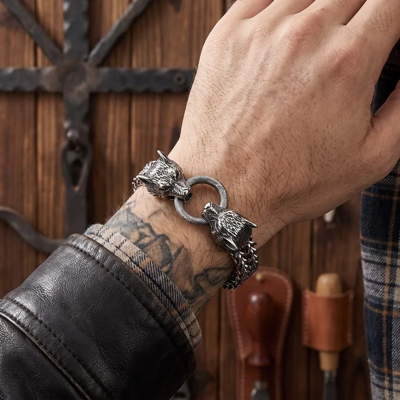 Kalen 12mm Double Viking Wolf Head Bracelet for Men Stainless Steel Mesh Chain Jewelry Punk Biker Wrist Accessory Gifts