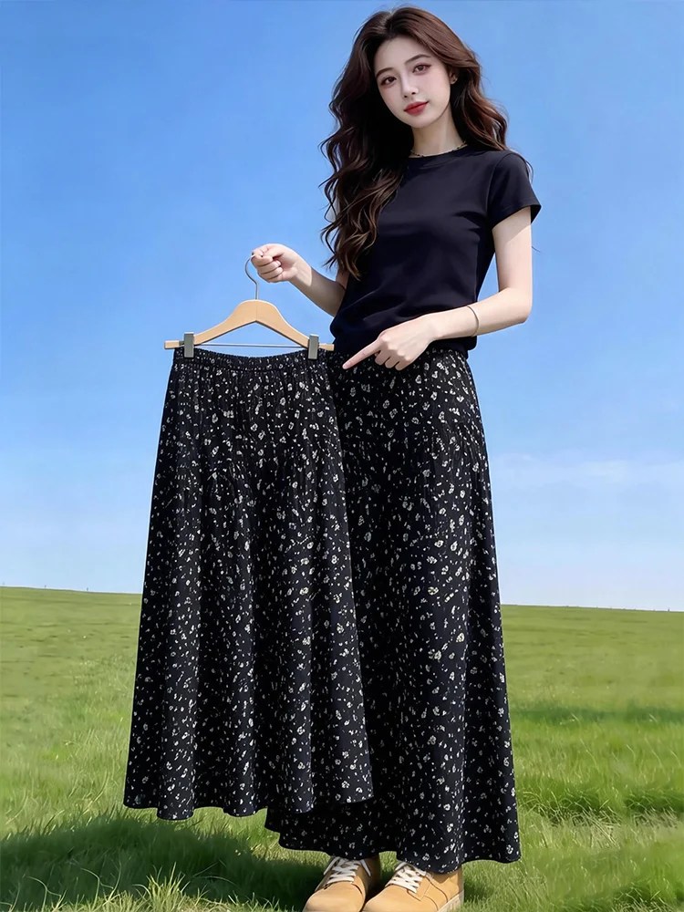 

Floral Print Midi Skirt Women's Summer plus Size Korean Style A-Line Umbrella Skirt Casual Warmth No Silk Cotton