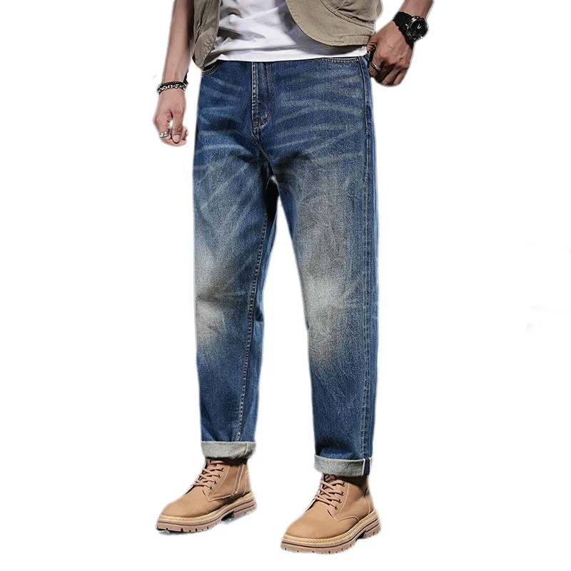 High quality trendy denim jeans men\'s loose cotton clothing\'s retro washed jeans men\'s clothing