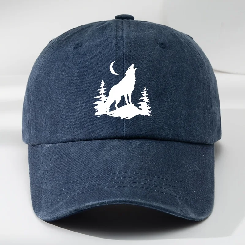 Fun Wolf and Crescent Moon Print Baseball Cap Outdoor Men's Casual Sports Adjustable Washed Vintage Baseball Hat