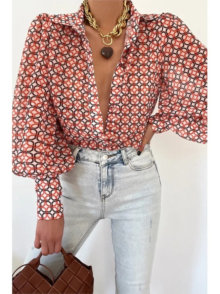 Spring Women Shirt Print Button Lantern Sleeve Elegant Office Loose Blouses 2024 Female New Summer Casual Fashion Ladies Clothes