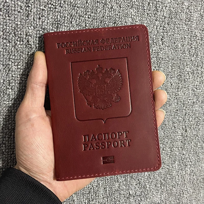 Funda de cuero genuino para pasaporte ruso, tarjetero de cuero Crazy Horse, funda de viaje