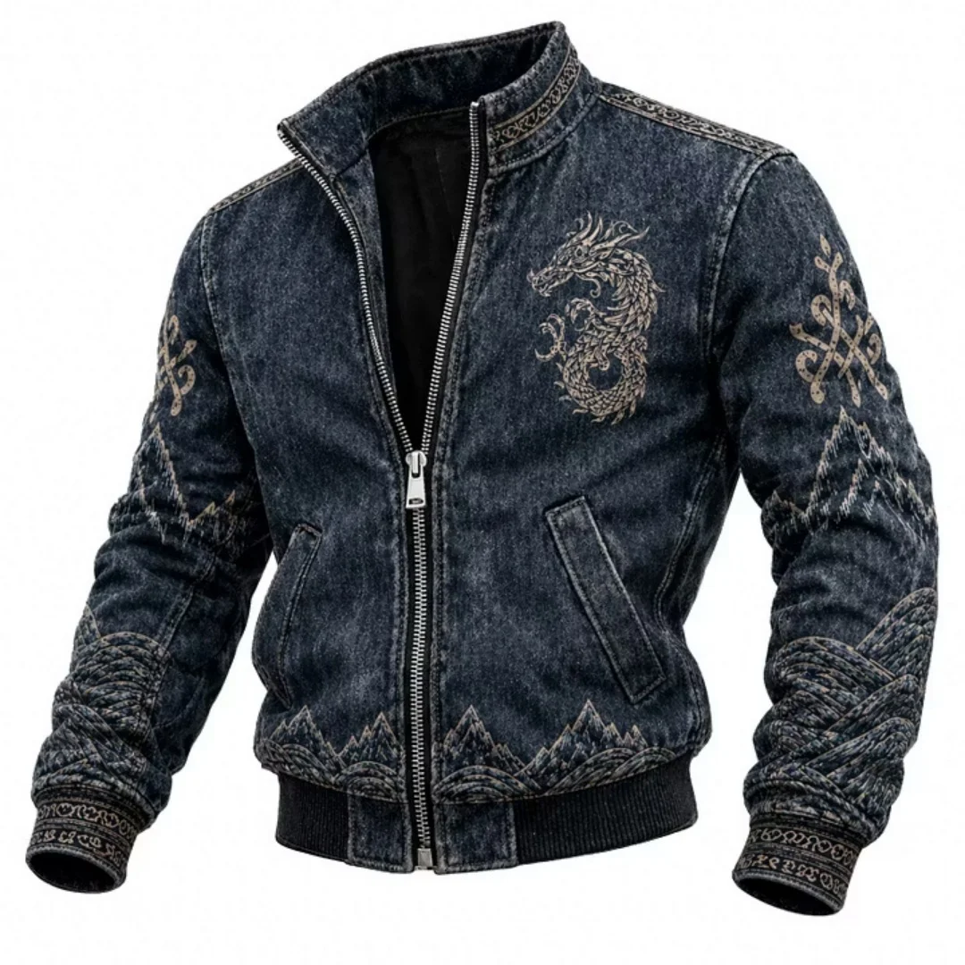 Men's Norse Mythology Viking Skull Celtic Knot Print Denim Jacket Vintage Washed Stand Collar Casual Outerwear