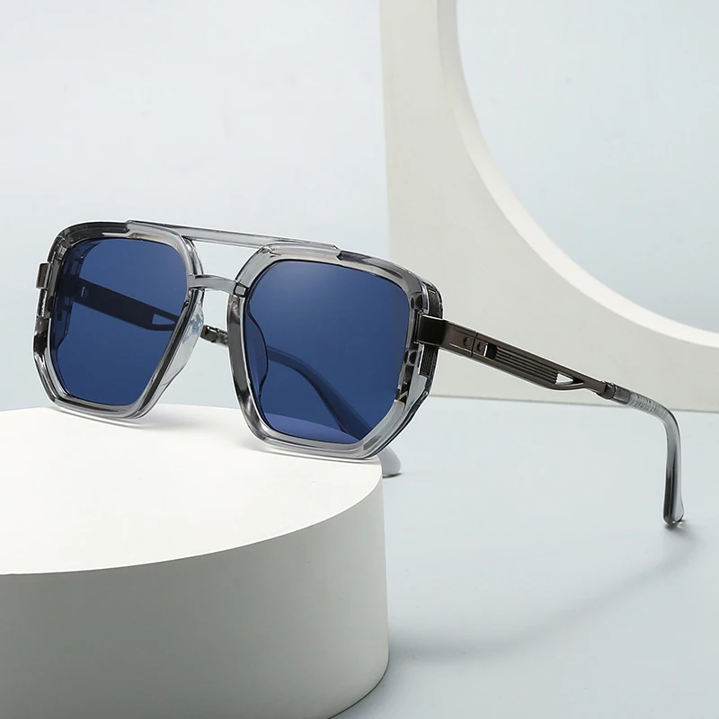 SO&EI Ins Popular Fashion Double Bridges Square Sunglasses Women Retro Rivets Blue Green Men Punk Sun Glasses Shades UV400