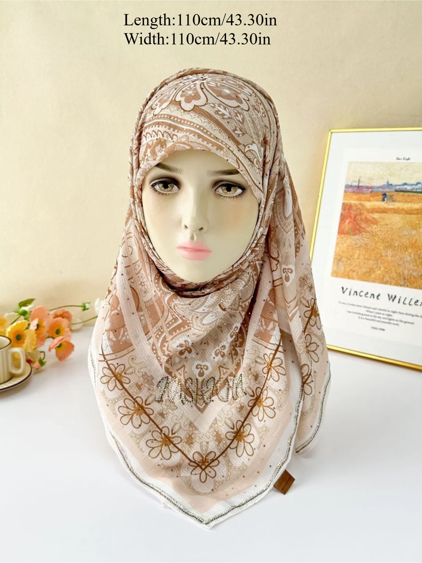 1pc Khaki Vintage Floral Print Chiffon Hijab Women Rhinestone Border Square Headscarf Fashion Muslim Modest Head Wrap