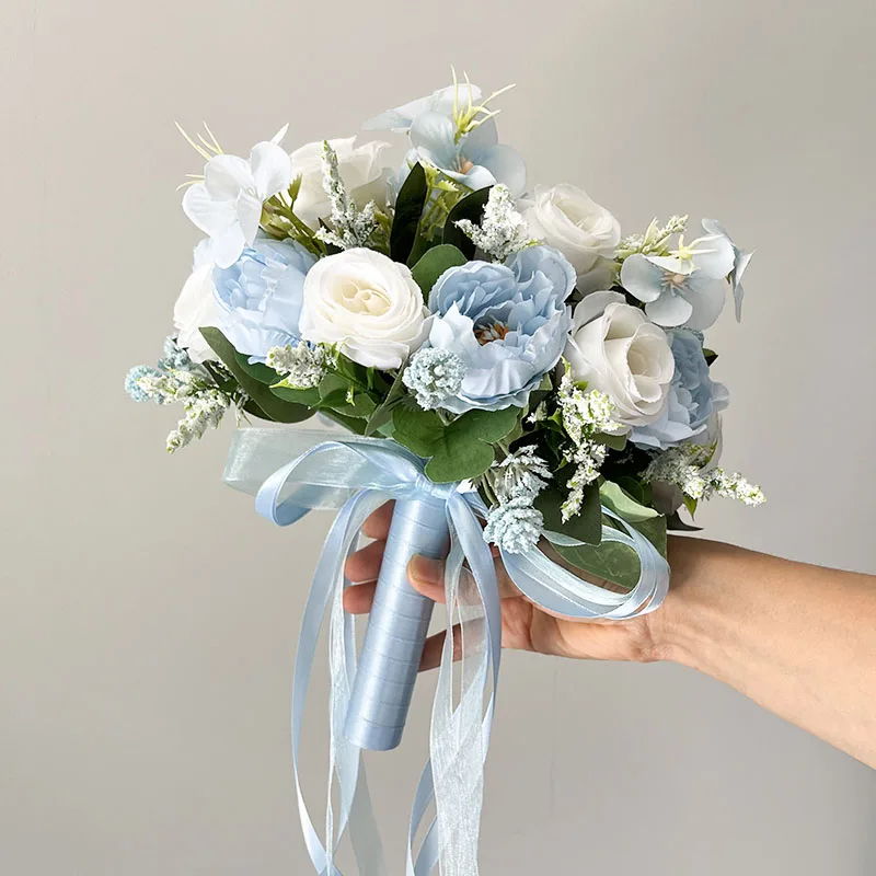 Wedding White Blue Flower Bouquet Bridal Accessories Marriage Silk Flowers Artificial Roses Wedding Bouquet for Bride Bridesmaid image 2