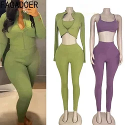 FAGADOER High Quality 3 Piece Sets Women Outfit Fashion Stretchy Tracksuit Sport Streetwear Jacket+Bra+Leggings Joggers Suits