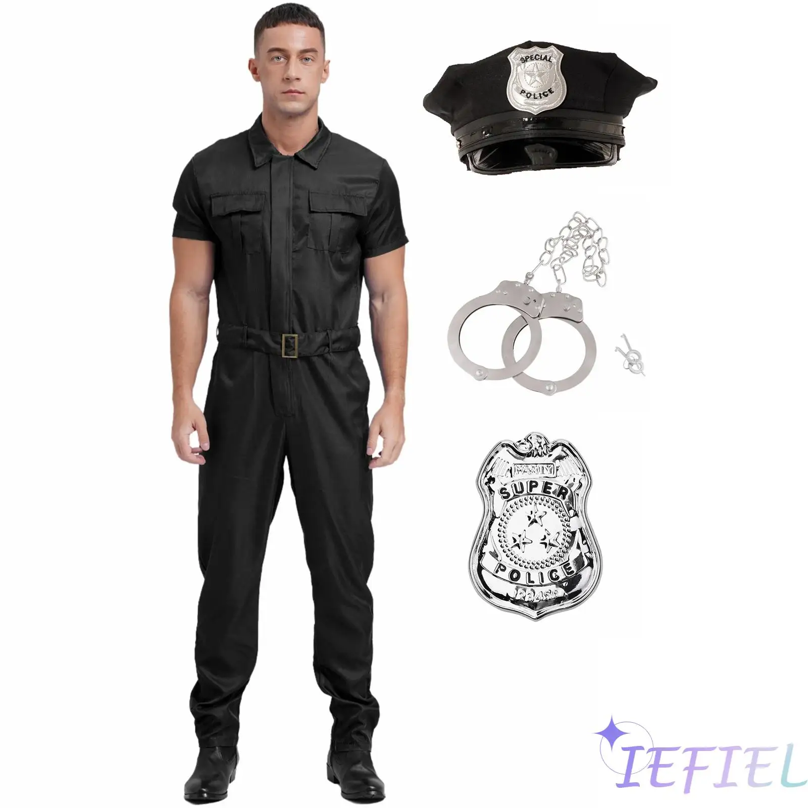 

Mens Policeman Cosplay Costume Temption Uniform Set Adult Police Officer Halloween Masquerade New Year Fancy Dress Up