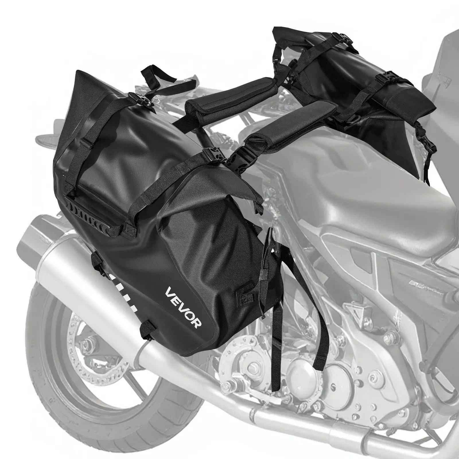 

Adjustable Motorcycle Saddlebags 28L (14Lx2) Durable Waterproof PVC with Soft Padding & Removable Shoulder Strap Black