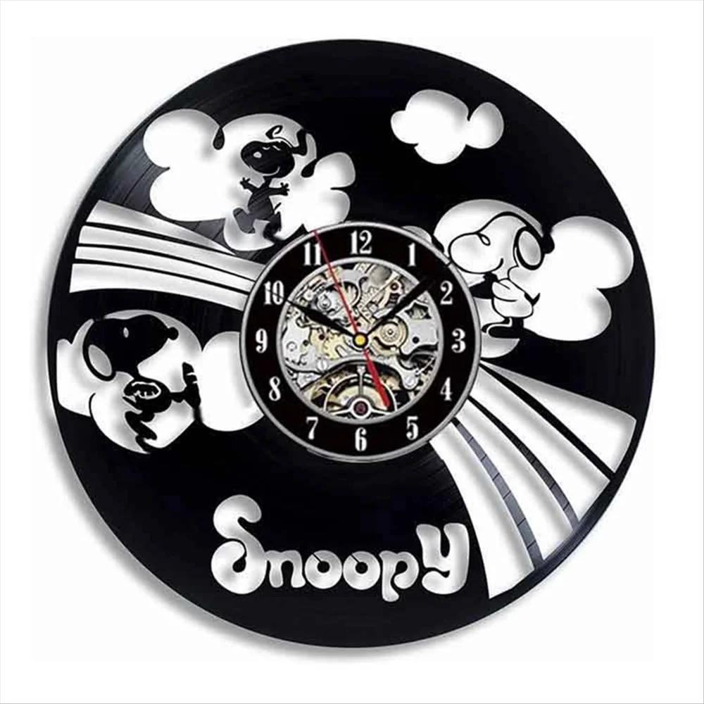 Snoopy Wall Clock Made Of Vinyl Record Cartoon Laser Etched Wall Watch With LED Disk Crafts Decor Kids Gifts