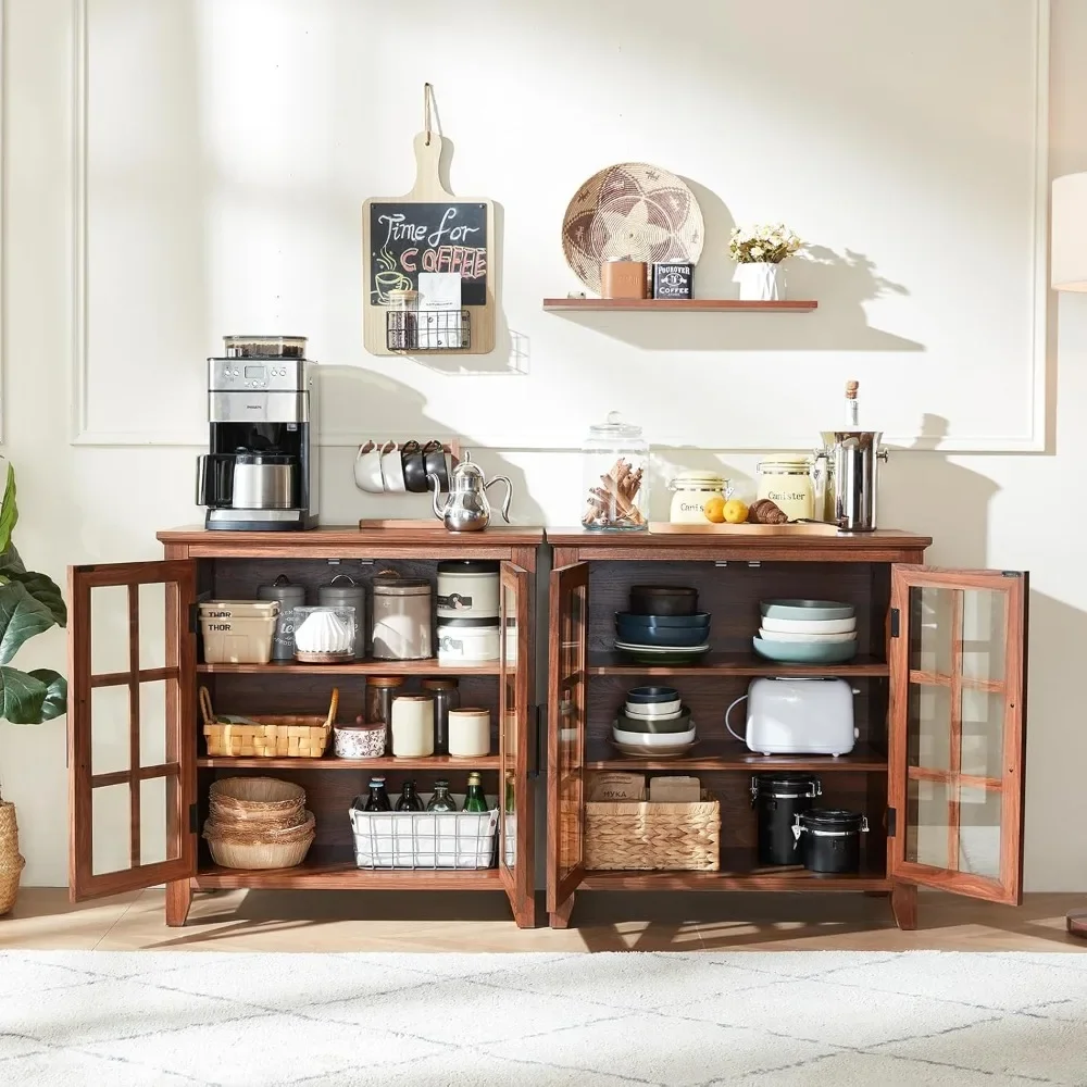 収納付き大型サイドボードビュッフェキャビネット、32インチファームハウスブラウンキッチンコーヒーワインバーキャビネット、ガラス扉2枚付き。
