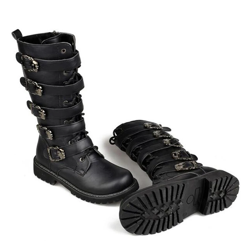 Winter Men Motorcycle Boots 2024 Fashion Mid-Calf Punk Rock Punk Shoes Mens PU Leather Black High top Casual Boot Man