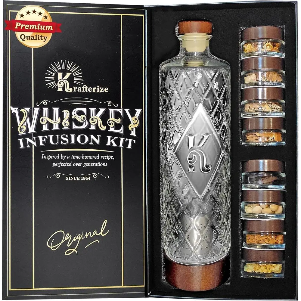 

Handcrafted Whiskey Gift Set for Men - DIY Whiskey Infuser Kit - Craft Whiskey Kit with Botanicals and Wooden Chips - Bourbon Gl