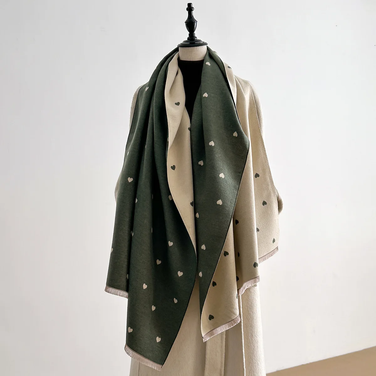Women Reversible Imitation Cashmere Scarf Heart Texture Color Block Warm Shawl Wrap Autumn Winter Neck Scarf Air Conditioning 2