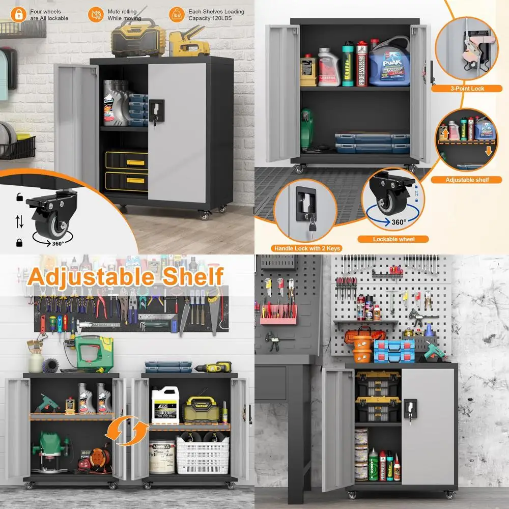 

31.5-Inch Tall Metal Rolling Storage Cabinet with Lock, Adjustable Shelves for Garage, Home, or Office