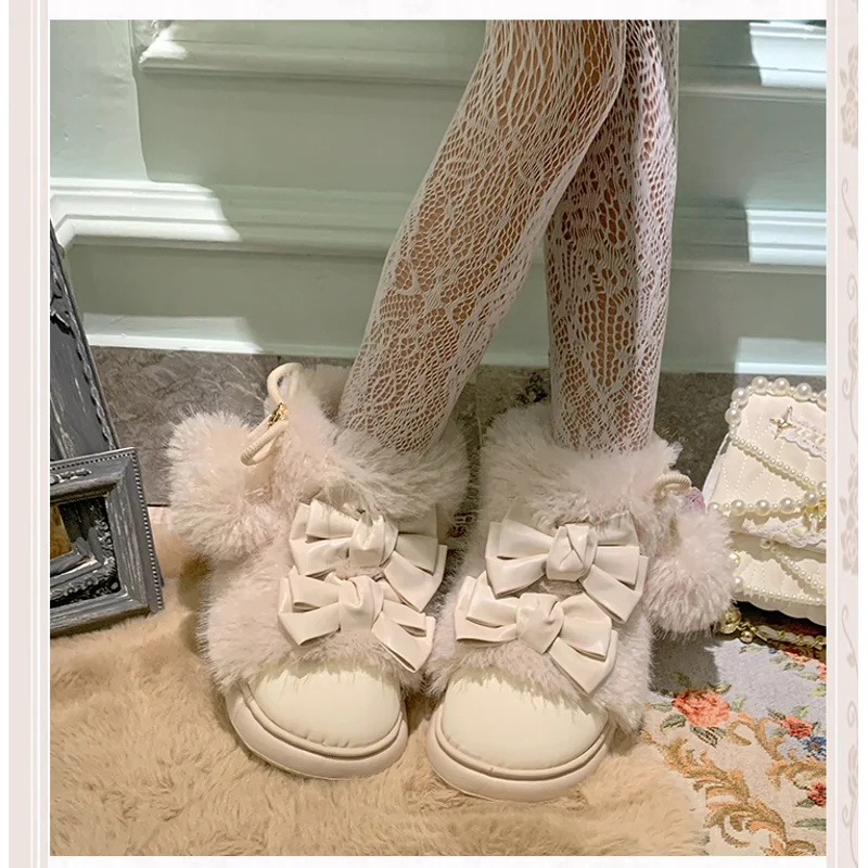 Pinkyo Original Beige Bow Imitation Lamb Wool Autumn/winter Warm Short Boots Lolita Sweet Wind Girl Snow Boots