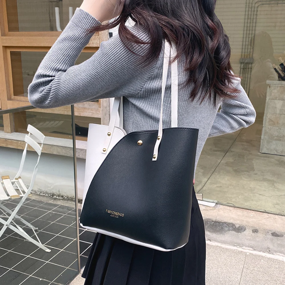 Fashion Women\'s Patchwork Color Handbag Large Capacity Shoulder Bag PU Leather Ladies Shopping Bag Casual Messenger Bag Tote Bag