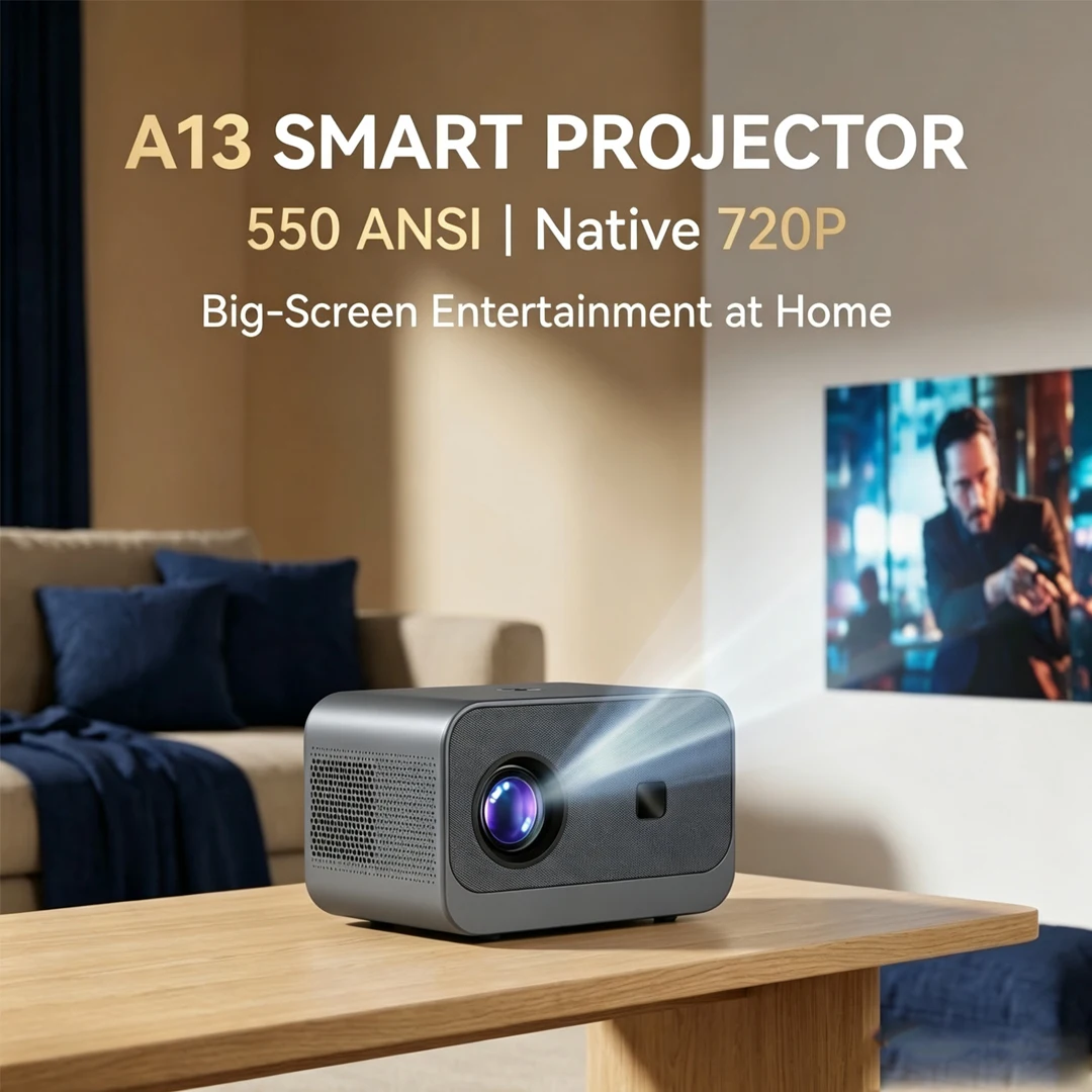 Smart Projector Native 720P Proyector 550 ANSI Lumens 4K Decode Android 12 WiFi 6 Bluetooth 5.4 Speaker 150 Inch Home Cinema