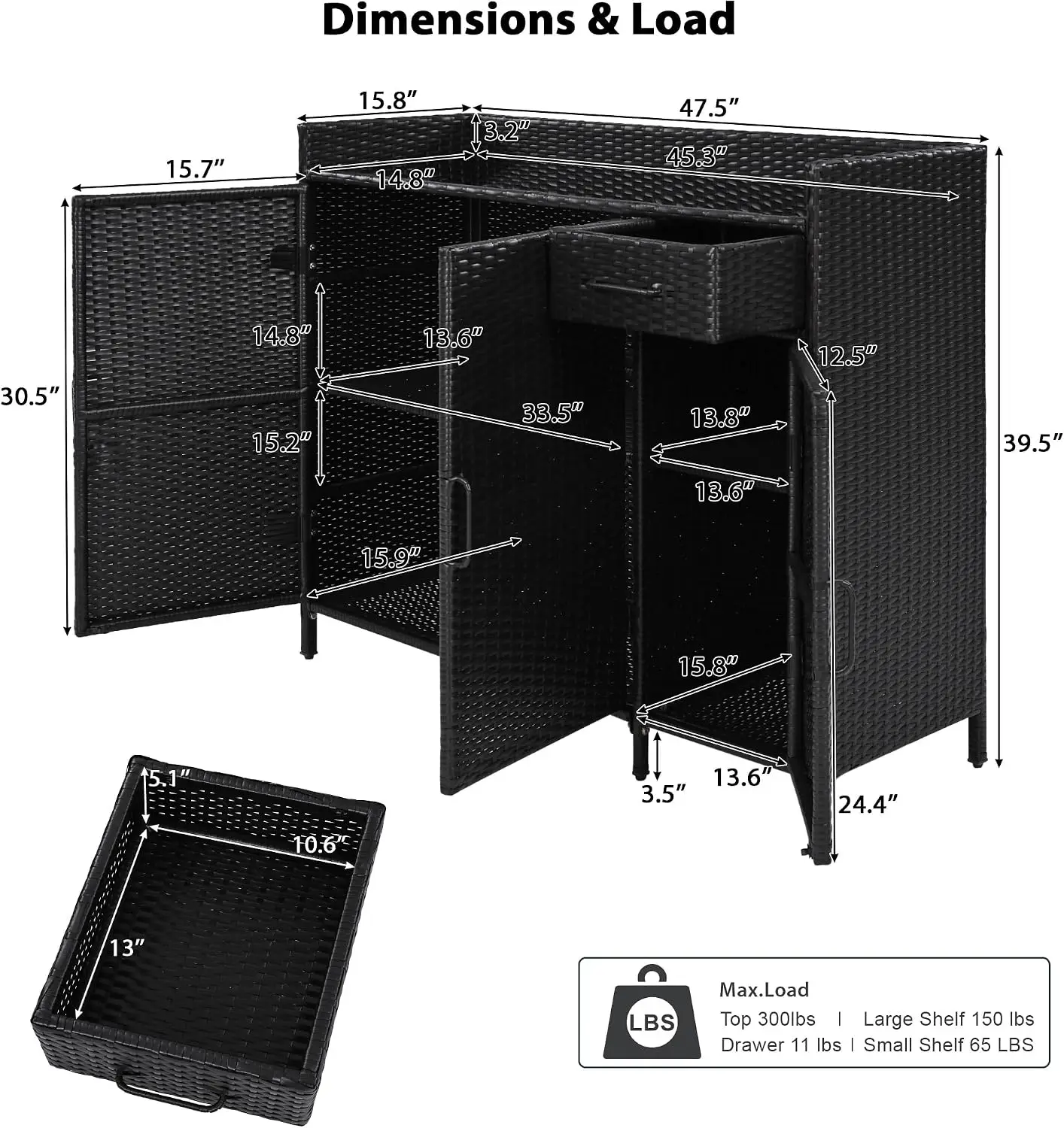 Wicker Outdoor Storage Cabinet Tempered Glass Desktop Weatherproof Rattan Bar Table Three Doors Adjustable Shelf One Drawer Outd