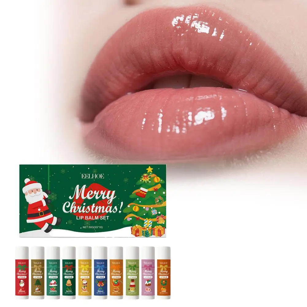 Juego de bálsamo labial navideño, 10 Uds., sabores, hidratante, cuidado de los labios, juego de regalo para labios secos, Idea de regalo navideña