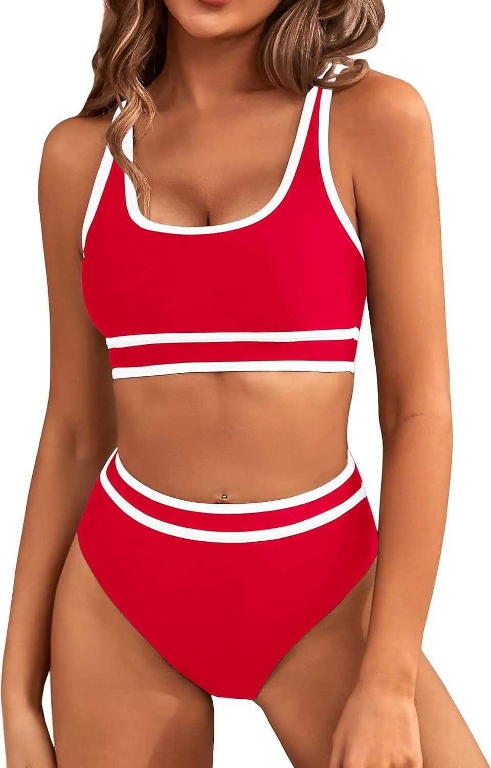 Women\'s High Waisted Bikini Sets 2024 New Sporty Two Piece Swimsuits Color Block Cheeky High Cut Bathing Suits Summer Biquini