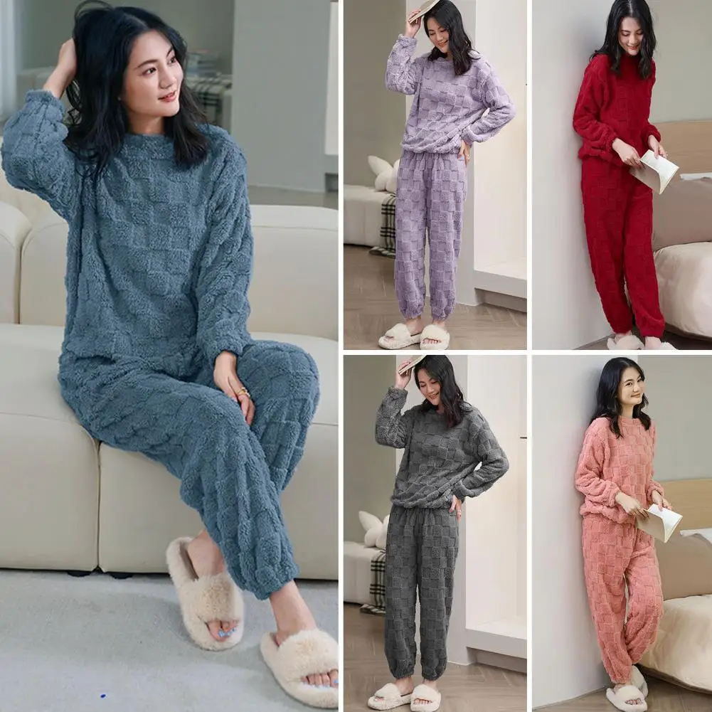 

Women Winter Pajama Set Cozy Winter Pajamas Set with Coral Fleece Texture Round Neck Top Wide Leg Trousers for Women Homewear