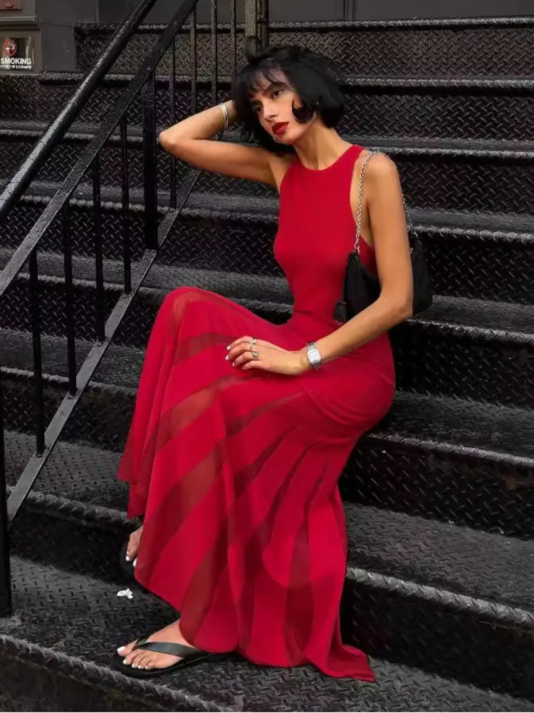 Mozision Red Sleeveless Knit Dress For Women Fashion Hollow Out O Neck Pleated Maxi Dress Ladies Solid Beach Party Long Dress