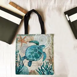 Large Capacity Tote Bag Turtle Print Traveling Shoulder Bags Eco Linen Shopping Bags For Women With Print