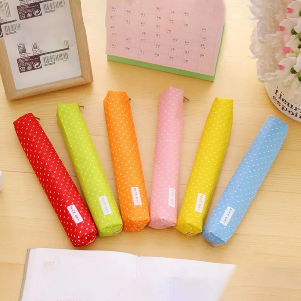 

Portable Long Strip Pencil Case Strip Shape Candy Color Pencil Bag Zipper Dots Canvas Stationery Pouch Kids