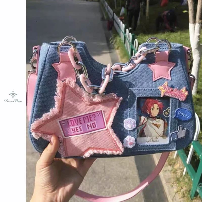 Y2K Vintage Korean Shoulder Underarm Fashion Japanese Harajuku Star Tote Denim Bag Women Chain Bag Zip Purses Messenger Handbags