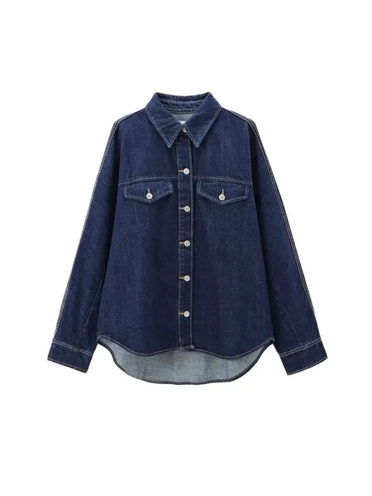 

GELITAYIN TRZA-Oversized Denim Shirts With Pockets For Women, Long Sleeve, Button-up, Female Blouses, Chic Tops, Fashion