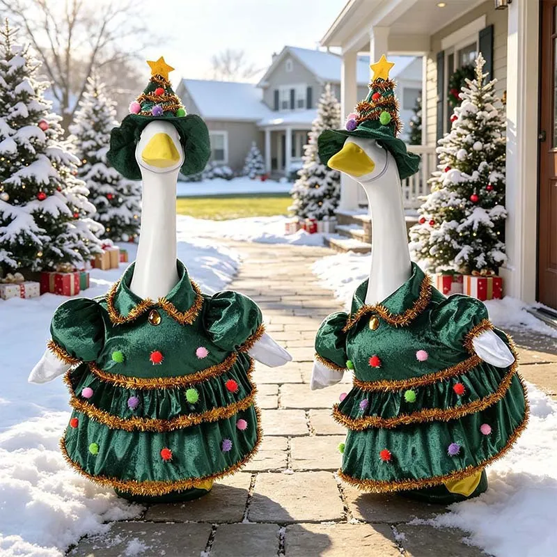 Christmas Goose Costume Set Green Velvet Tree Dress with Star Hat for 23 Inch Statue Yard Front Porch Decor Statue Not Included