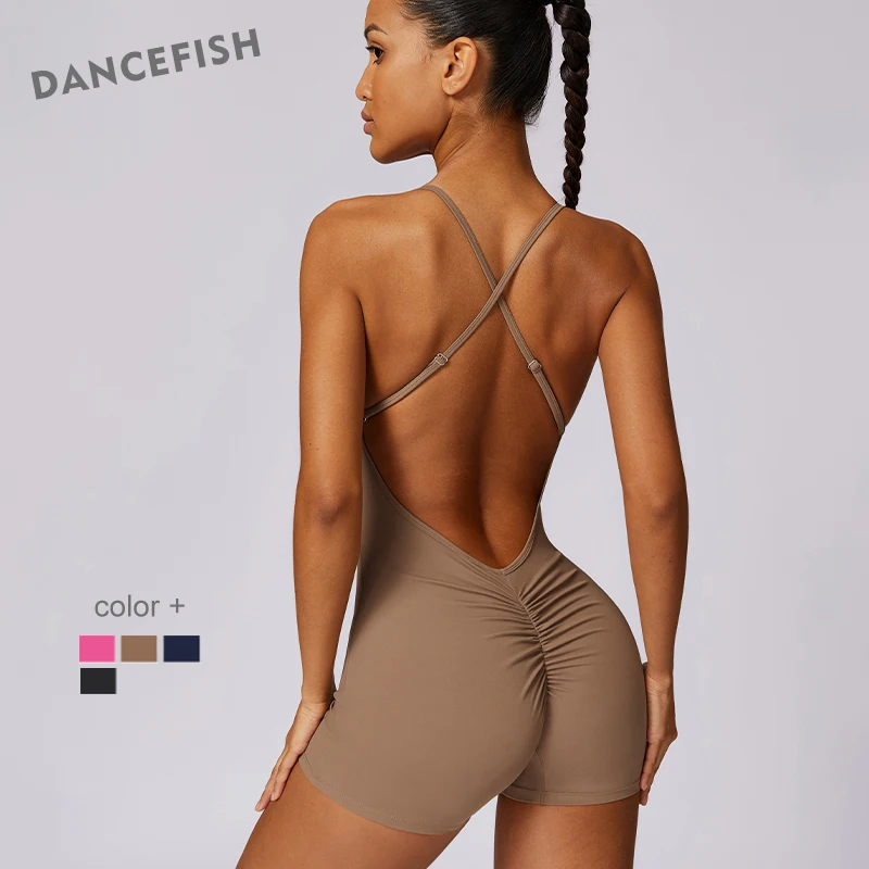 

DANCEFISH Women Cross Beauty Back Hip Lift Fold Sport Suit Quick-Drying Naked-Feeling Fitness Running Short Air Yoga Jumpsuit