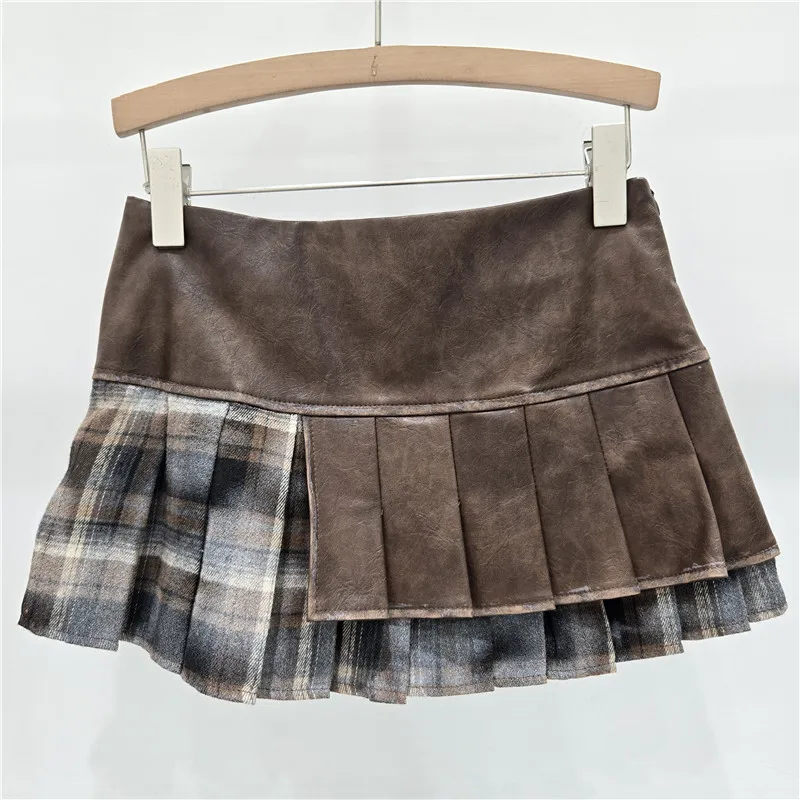 الأمريكية مثير الخريف الشتاء الصناعة الثقيلة الرجعية بولي Leather الجلود الربط تنورة الحلو فتاة باردة الحد من العمر الأزياء مطوي التنانير