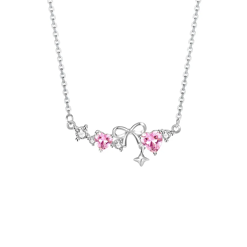 

S925 Sterling Silver Shining Pink Love Zircon Bow Star Necklace Women's Birthday Anniversary Gift