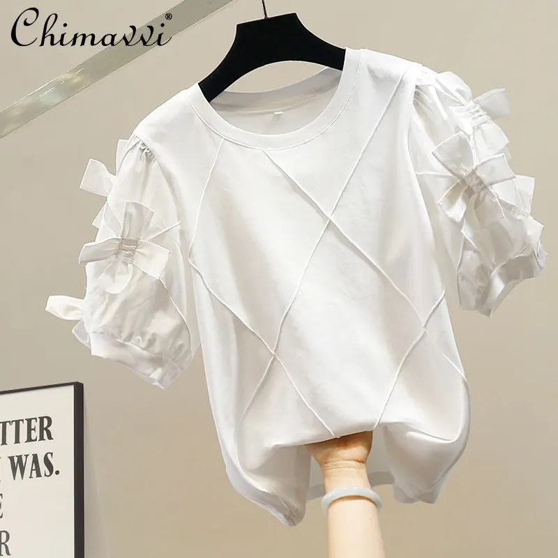 

Fashion Sweet Bowknot Puff Sleeve Pullover Top 2026 Spring and Summer New Women's Short Sleeve Elegant Slim-fit White Blouse