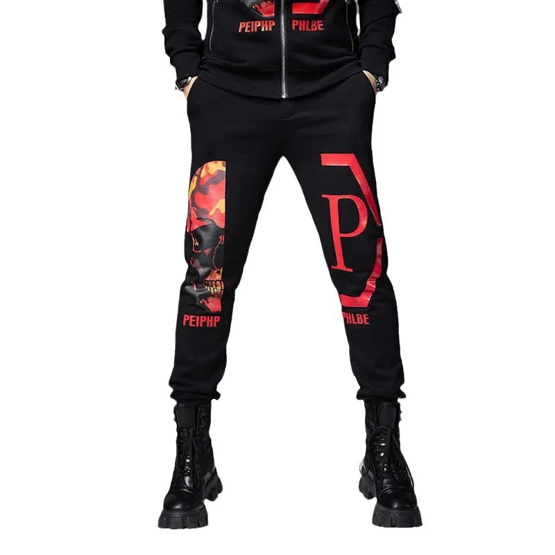 2024 Mens Two Piece Sets Fashion Streetwear Casual Winter Suits Skull Pattern Hooded Black Tracksuit Men Clothes Ropa De Hombre