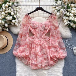 Elegant Long Puff Sleeve Vintage Square Collar Chic Sweet Daisy Print Slim A-line Dress High Street Spring Autumn Women Clothing