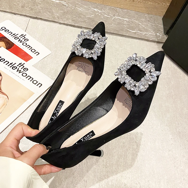 Women Shoes Fashion Rhinestone Square Buckle Bridesmaid Wedding Shoes Solid Flock Pointed Toe Stiletto Pumps French High Heels