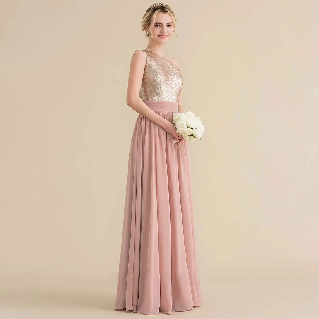 YZYmanualroom Chiffon Sequined Bridesmaid Dress A-line One Shoulder Floor-Length