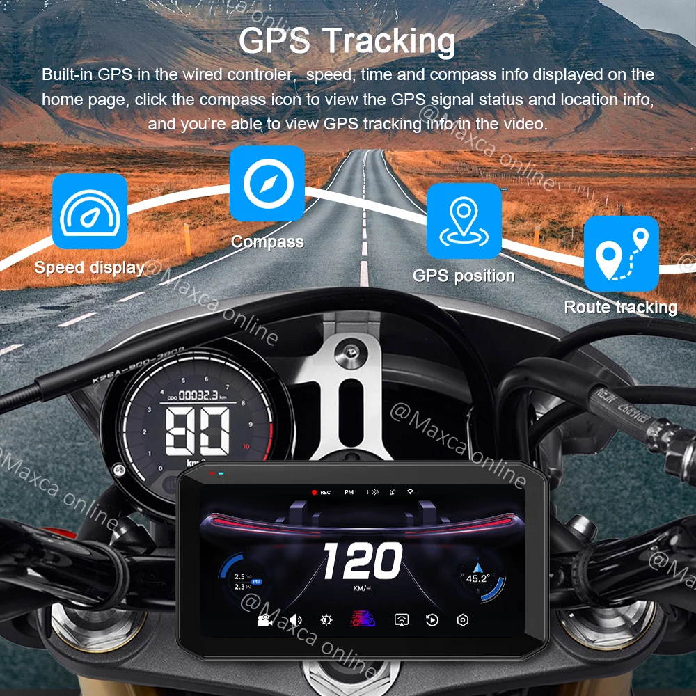 MAXCA X7 6.25 بوصة دراجة نارية لاسلكية Carplay أندرويد السيارات الملاح مع 2K مسجل كاميرا BSD تتبع GPS