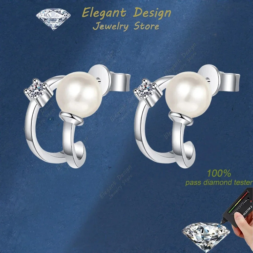 Elegant Design 6 Points Moissanite Pt950 Ear Studs, Fashion Inlaid 6mm Freshwater Pearl U-shaped Platinum Earrings for Women