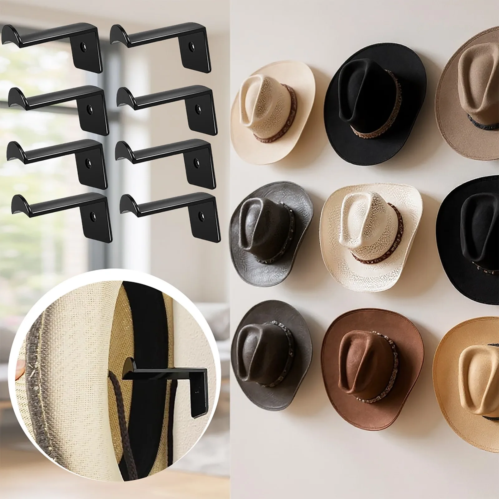 1/4/8/12 Pack 2.7 Inch Hat Hooks for Wall Cowboy Hat Rack, Strong Adhesive Cap Holder Organizer for Baseball Caps Black
