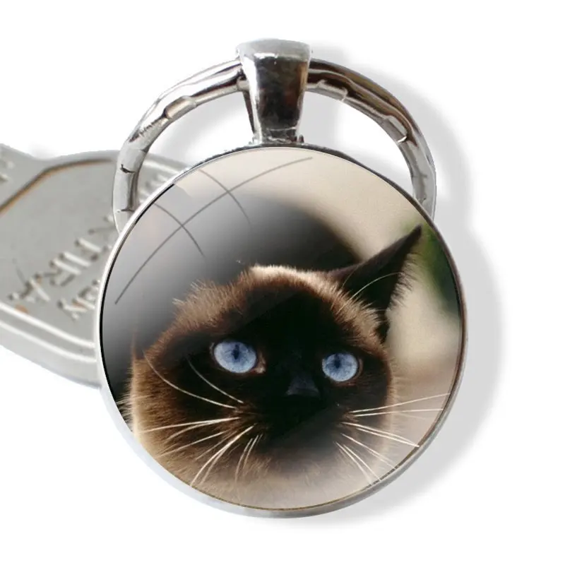 Keychain Handmade Glass Cabochon Key Ring Holder Pendant Key Chains Blue Point The Traditional Siamese Cat