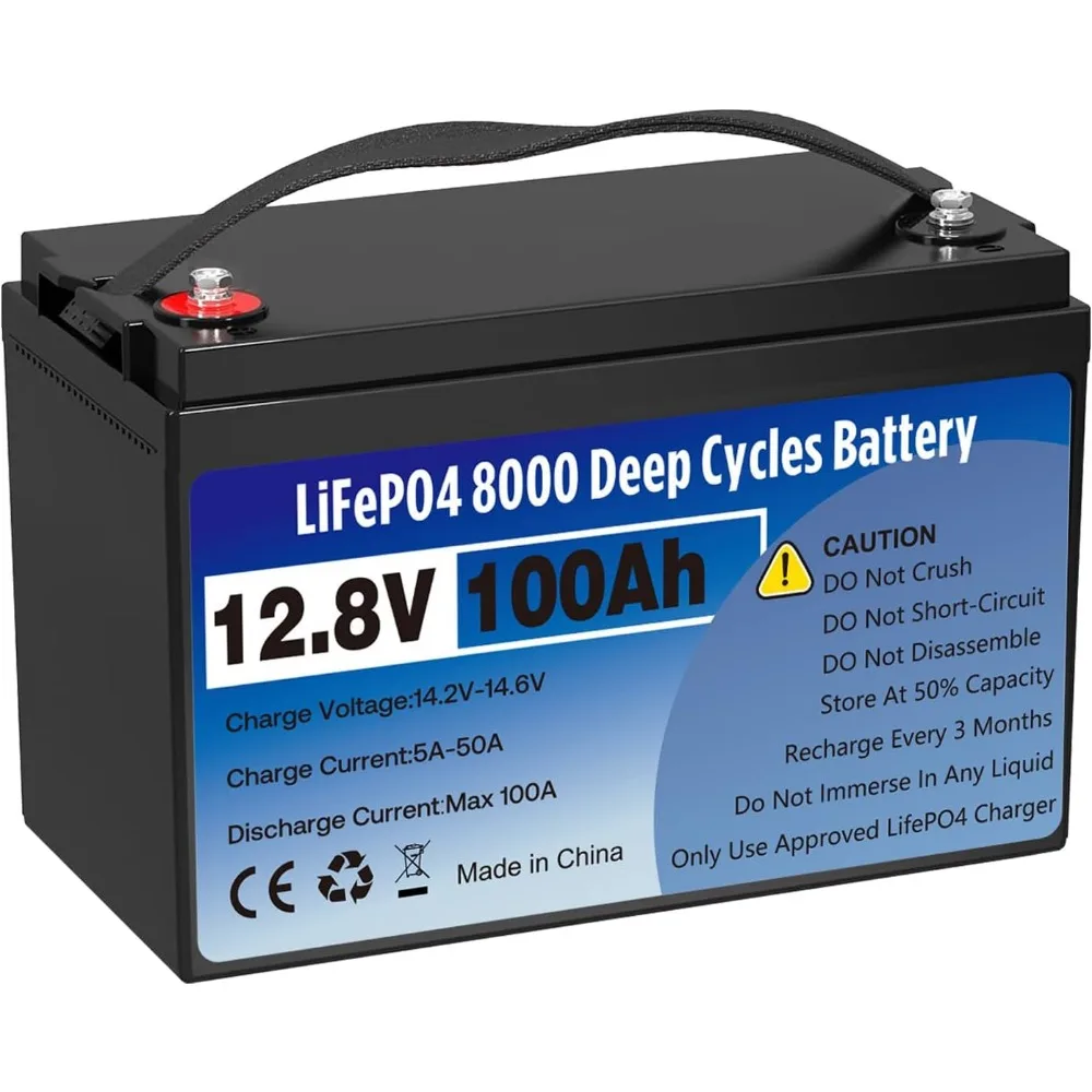 

12V 100Ah LiFePO4 Lithium Battery, 8000+ Deep Cycle Rechargeable IP65 Waterproof Group 31 Lithium Batteries, Built-in 100A BMS L