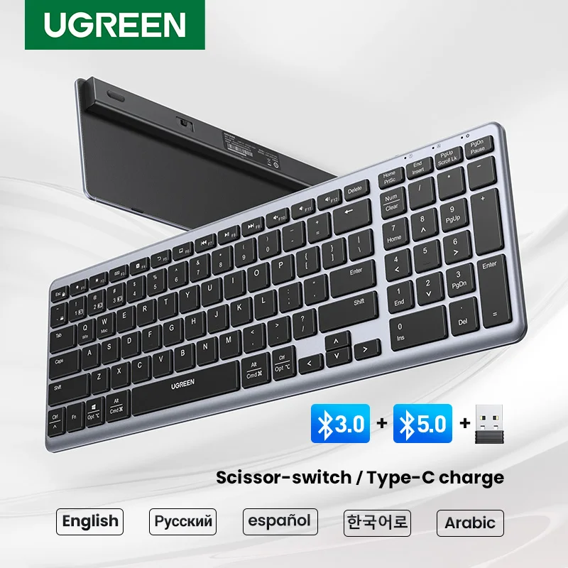 UGREEN klawiatura bezprzewodowa Bluetooth 5.0 2.4G rosyjski/koreański/EN 99 klawisze dla MacBook iPad PC Tablet USB akumulator klawiatura